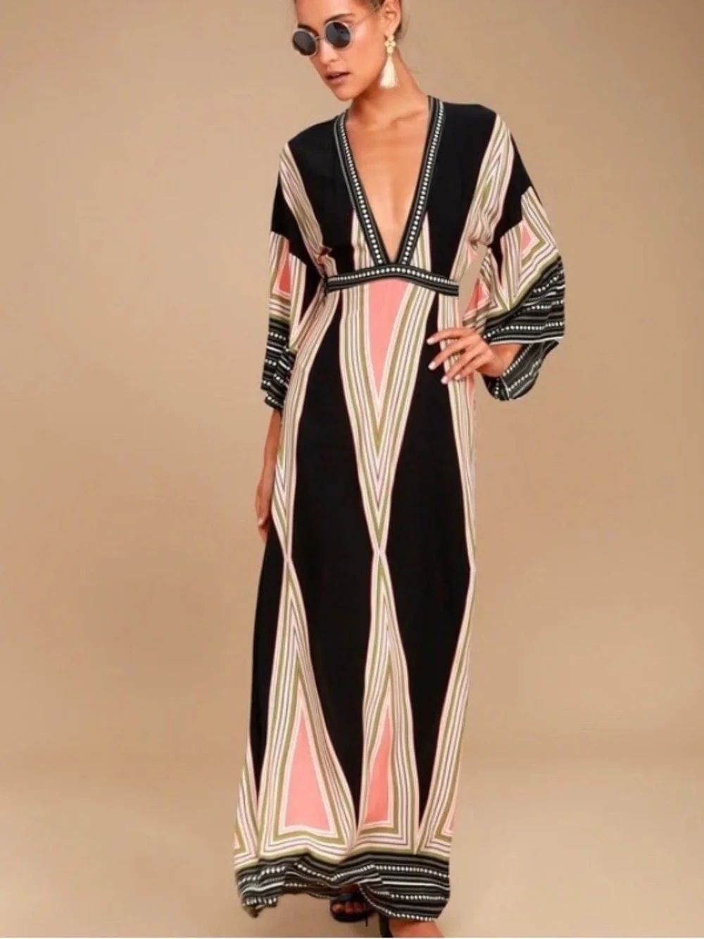 Lulus Montecito Size S Boho Kimono Geometric Bright Print Maxi Dress